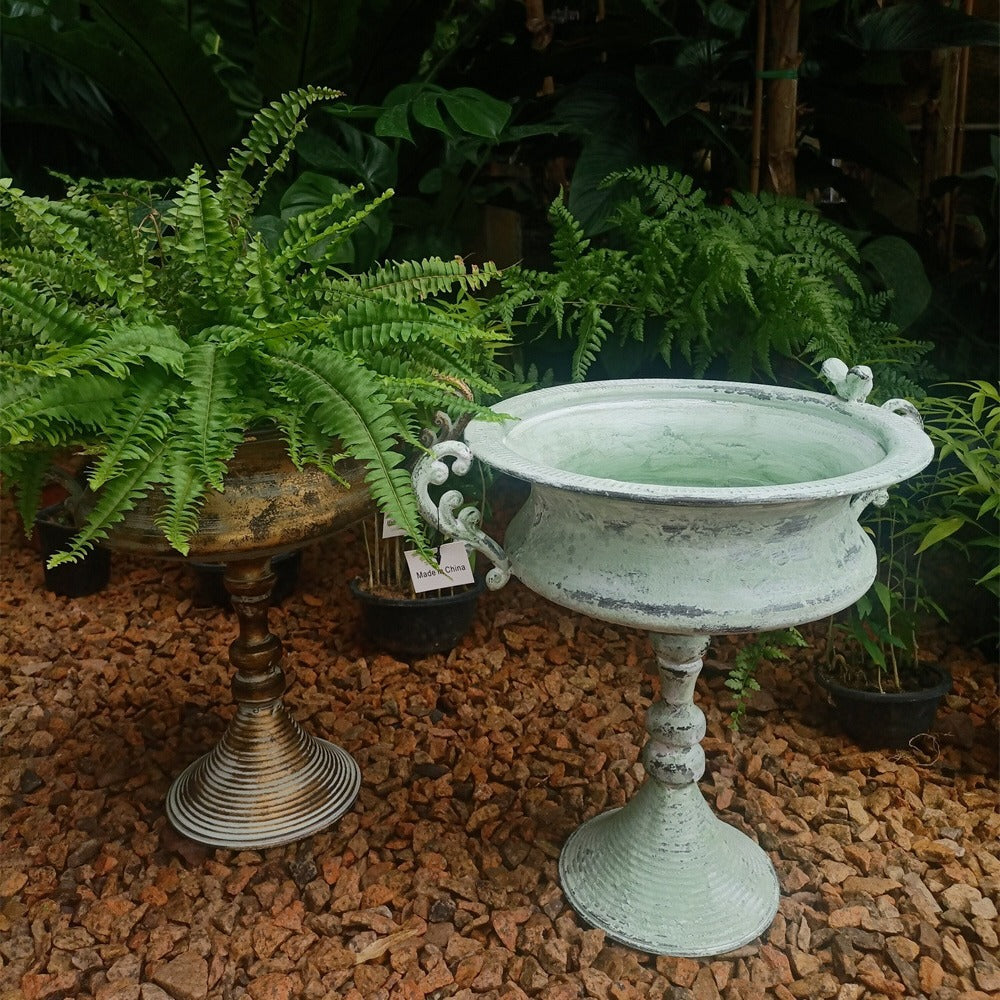 French Country Pedestal Planter Urn – Vintage Bird Trophy Garden Pot – Distressed Verdigris & Antique Gold (15.7" Tall)