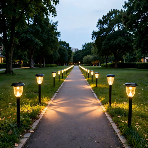 Set of solar LED pathway lights with black stakes and warm glowing bulbs