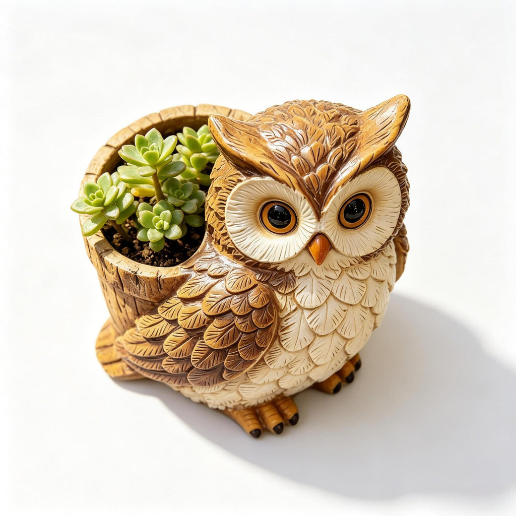 Lifelike Woodland Owl Planter – Hand-Painted Resin Succulent Pot & Garden Statue (3.9" Tall)