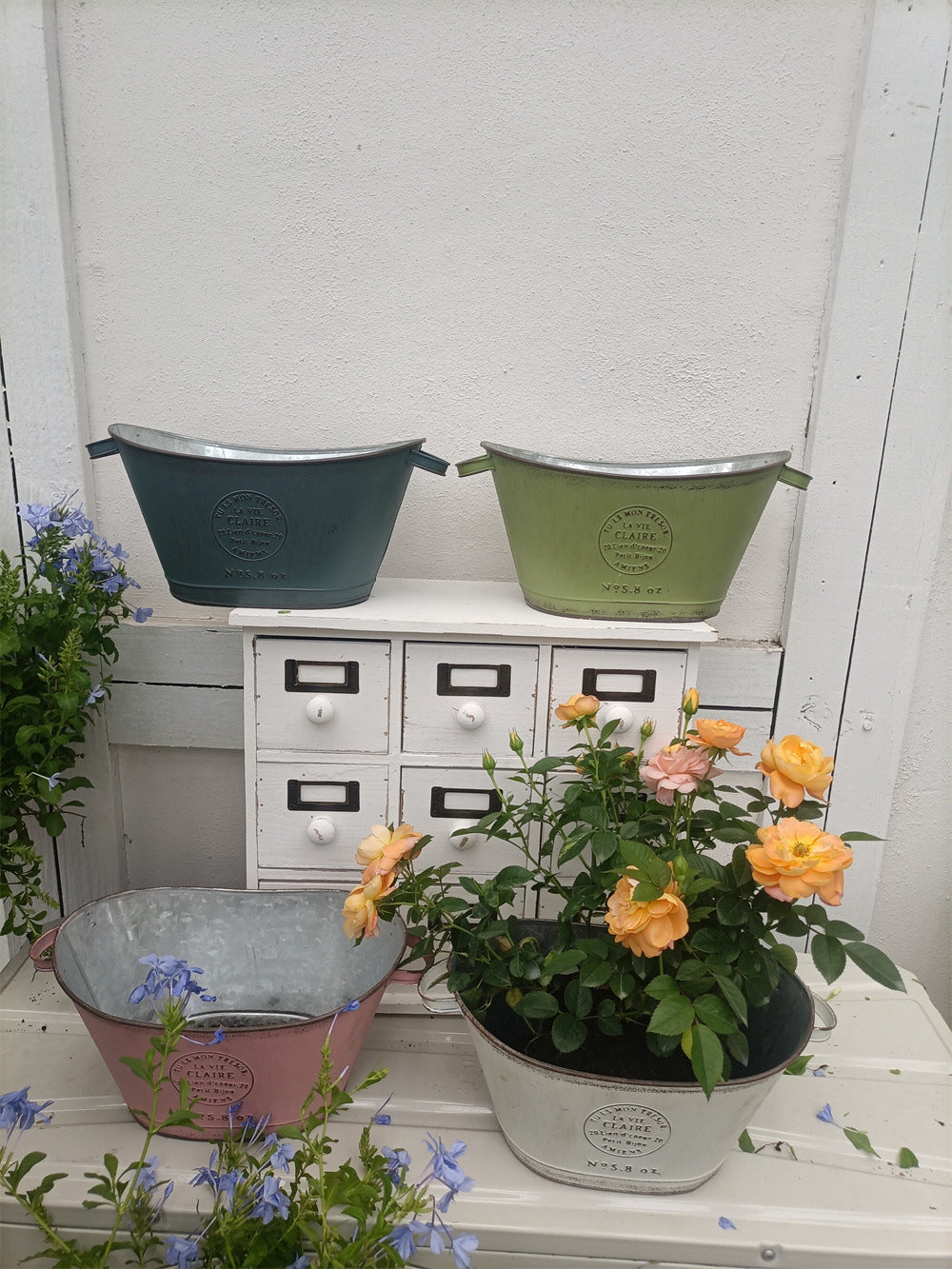French Country Vintage Planter – Rustic "La Vie Claire" Oval Metal Tub (4 Colors)