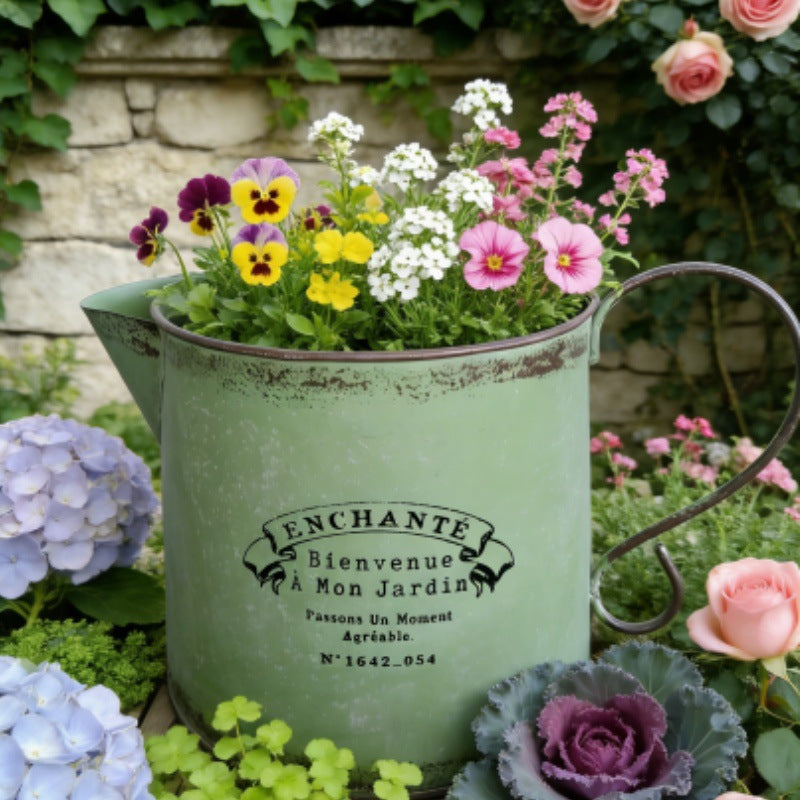 Vintage French Country Metal Planter Set of 4 – Rustic "Enchanté" Collection