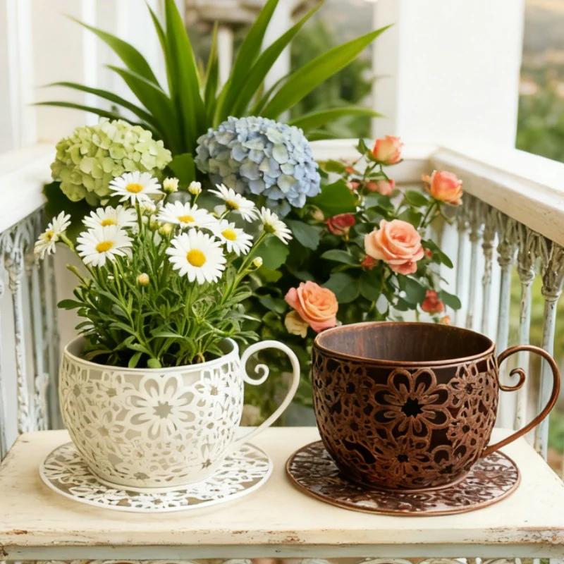 Vintage Floral Cutout Metal Teacup Planter – Rustic Iron Cachepot with Saucer Base & Scrolled Handle (11" Wide) - The Curated Shop