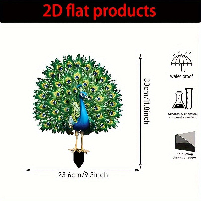 2D flat peacock stake diagram with waterproof and scratch-resistant icons, green and blue
