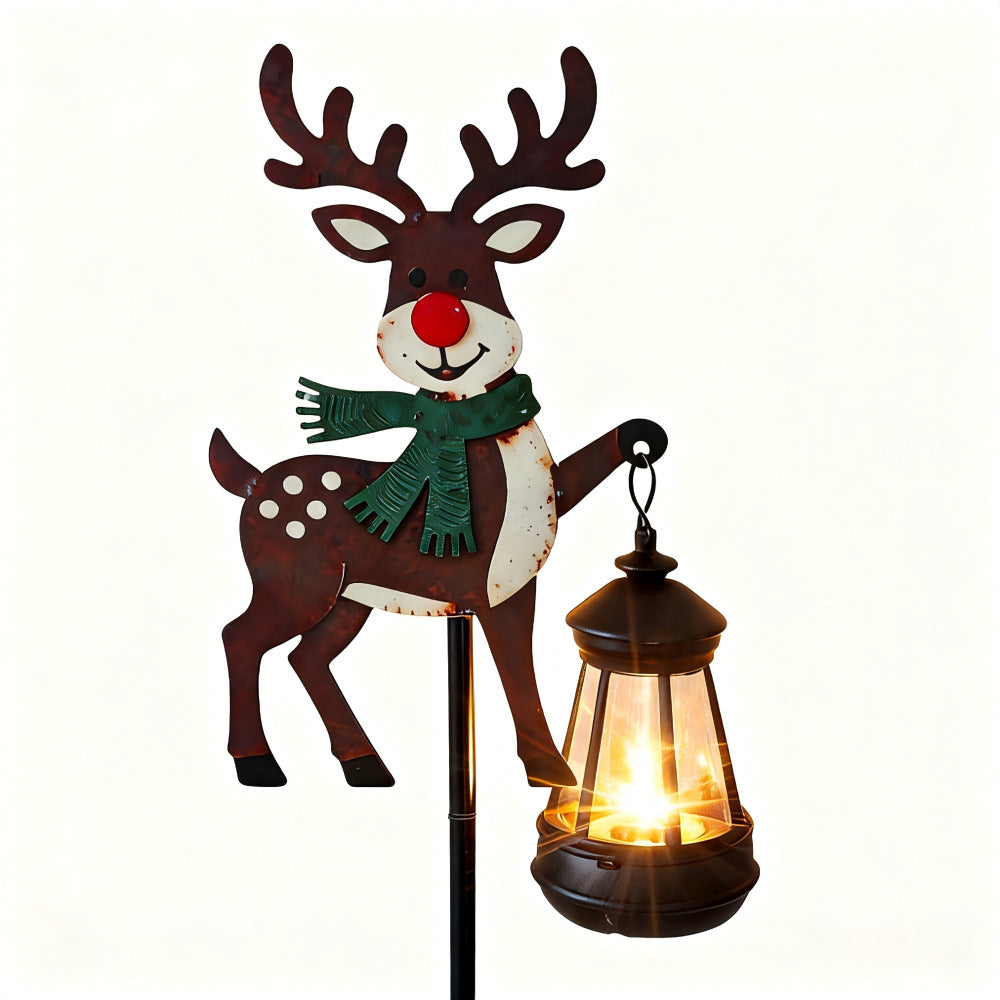 Luminous Winter Friends – Flat Metal Christmas Stake with Glowing Solar Lantern (32" Tall)