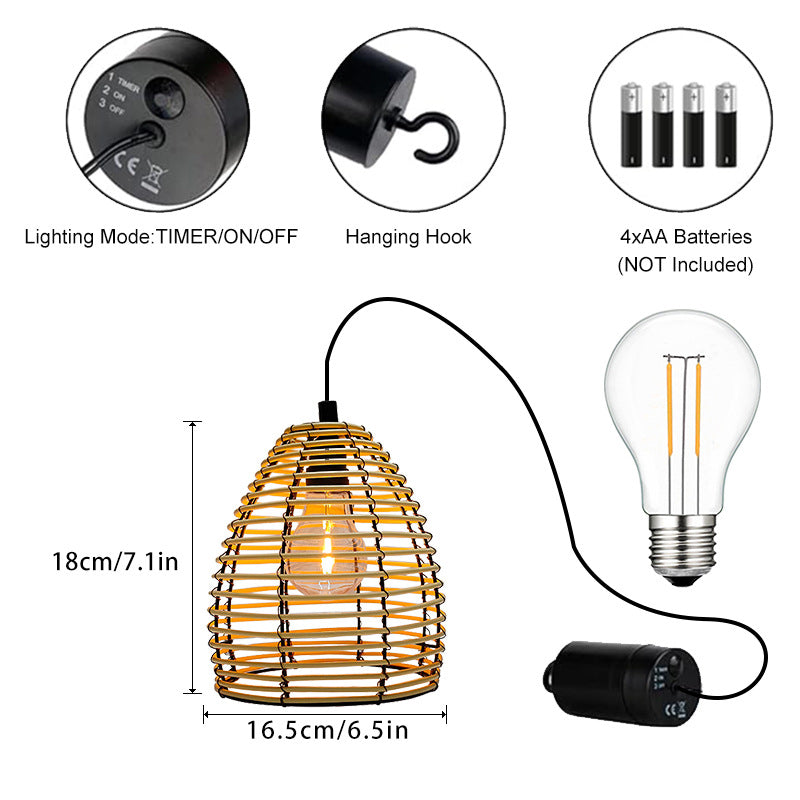 Rattan pendant lantern light with black cable, hanging hook, and remote control
