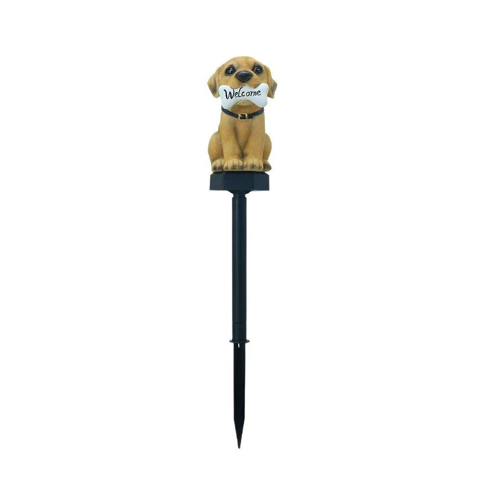 Puppy solar stake light with painted resin dog wearing a 'Welcome' tag and solar panel.