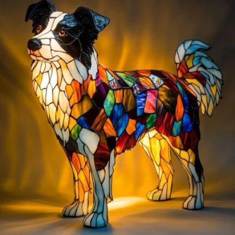 Standing dog mosaic resin LED garden light with multicolor stained-glass body and raised tail