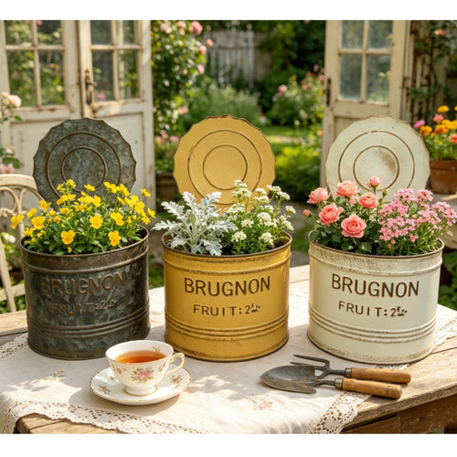 Vintage French Fruit Tin Can Planter Set (Set of 2) – Rustic Metal Garden Pots