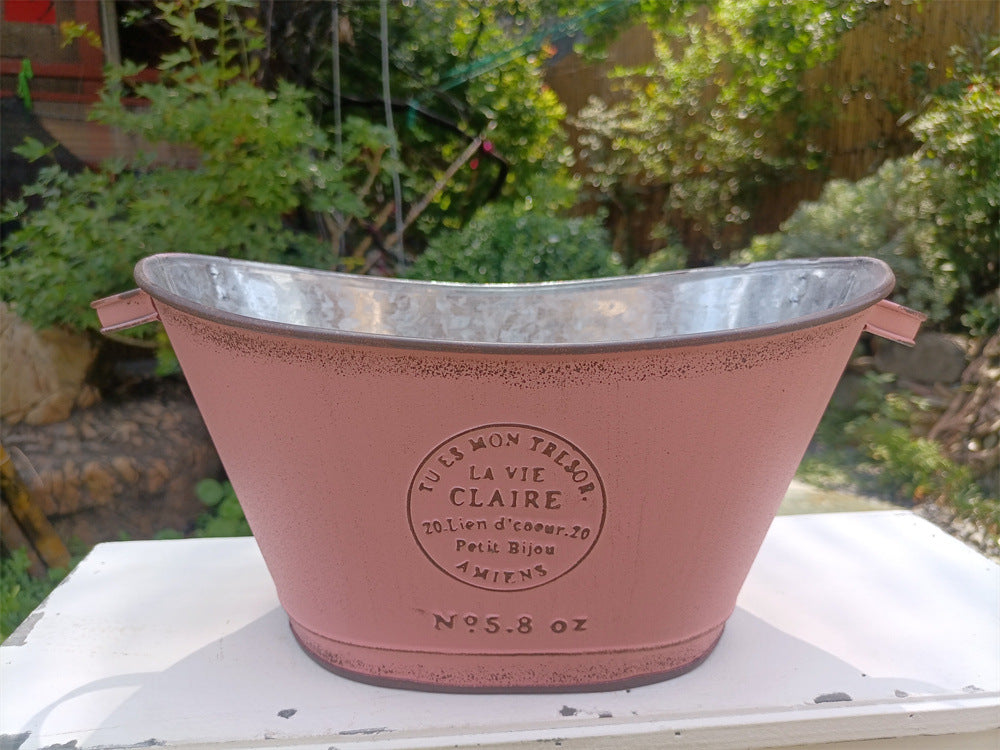 French Country Vintage Planter – Rustic "La Vie Claire" Oval Metal Tub (4 Colors)