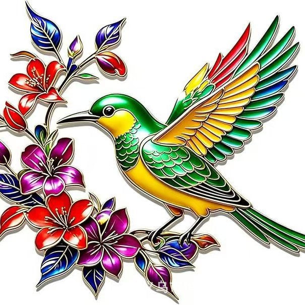 Metal hummingbird wall art close-up, green-and-yellow bird with red and purple blossoms