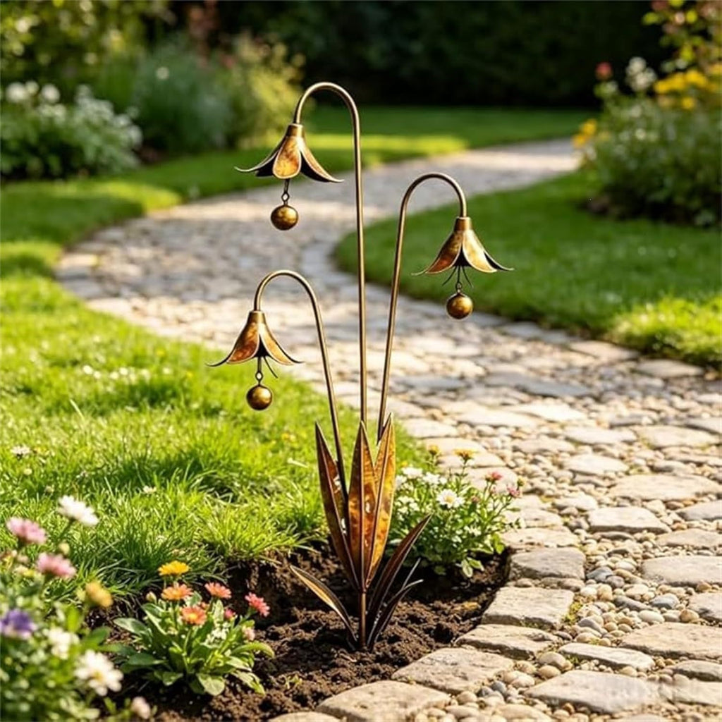 Copper-tone triple bellflower garden stake with three stems and hanging bead ornaments