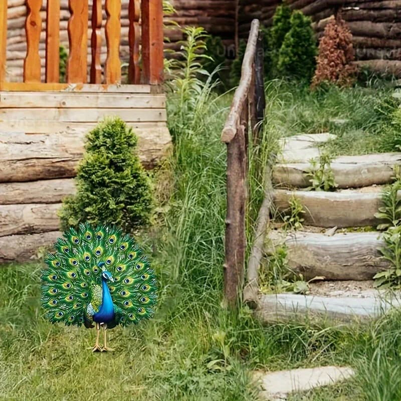 Pair of green and blue peacock stakes with black pointed bases in outdoor garden