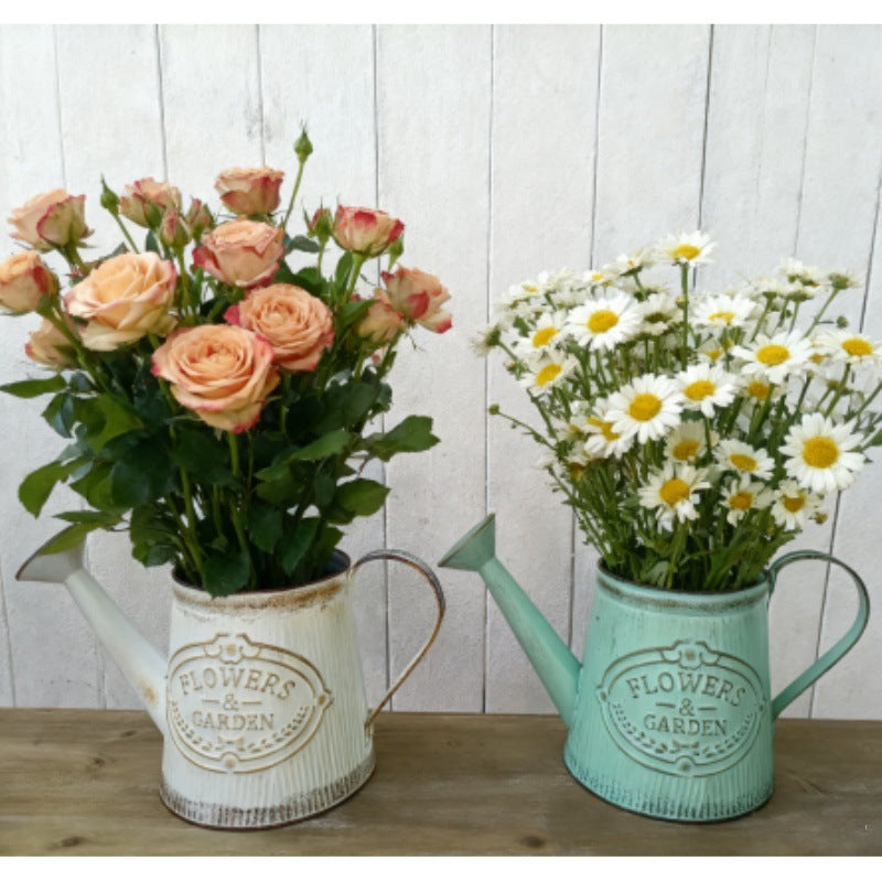 Vintage metal watering can vase set with white and mint-green finishes, side handles