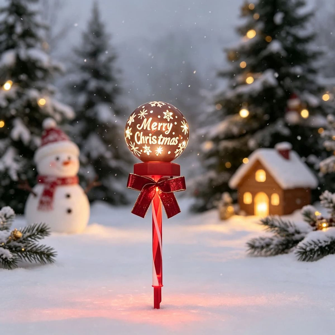 Solar Christmas Snowflake Garden Lights – Set of 2 Red Ball Lawn Stakes