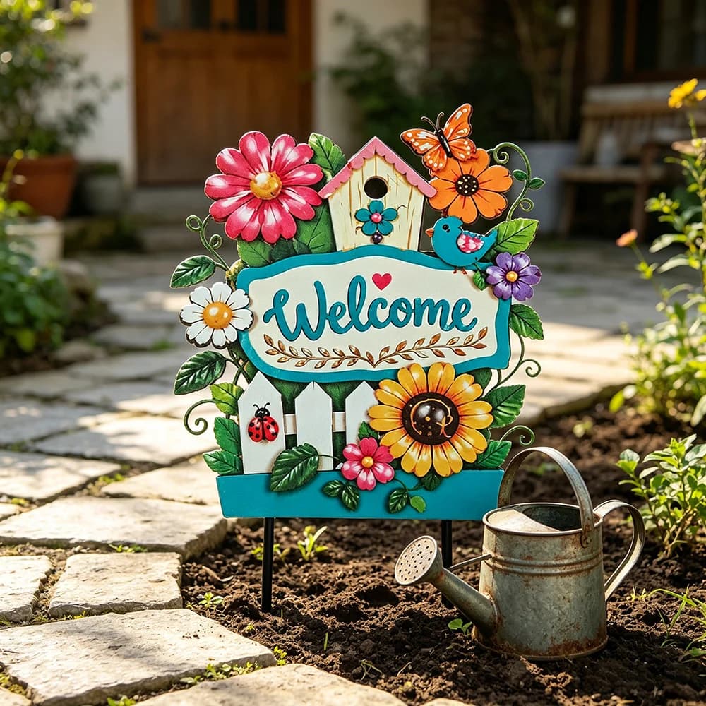 Floral metal yard stake sign with 'Welcome' text, colorful flowers and butterfly accents