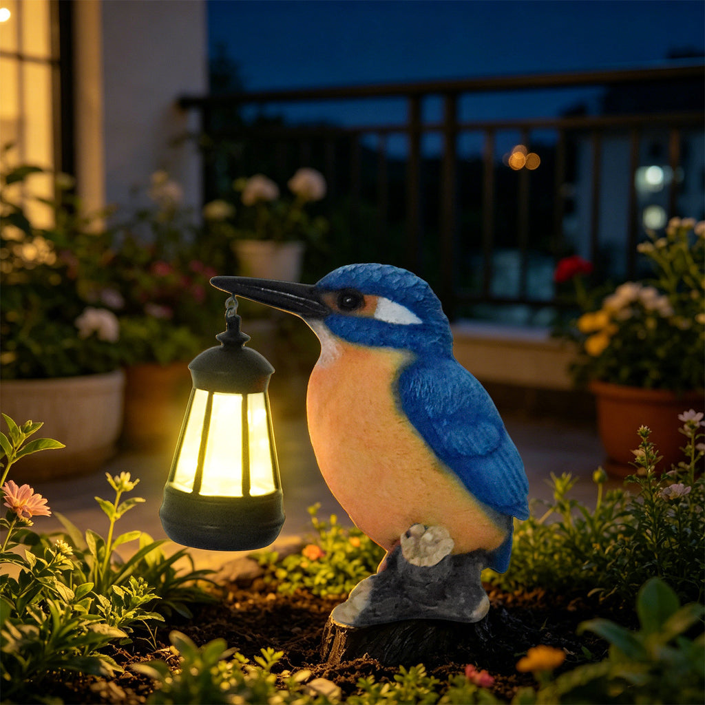 Luminous Kingfisher Solar Lantern Statue – Hand-Painted Resin Garden Bird Sculpture (7" Tall)