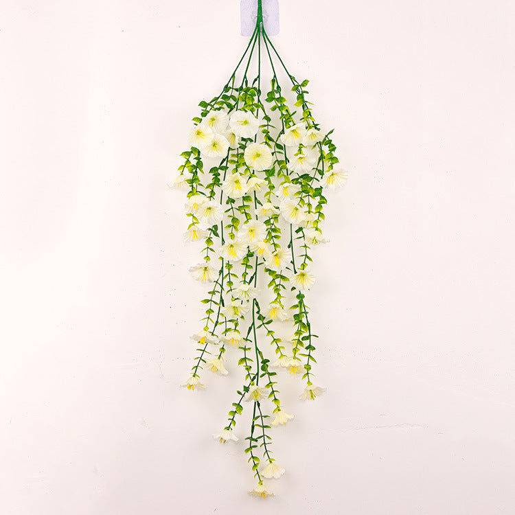 Hanging artificial morning glory vine with white flowers and trailing green leaves