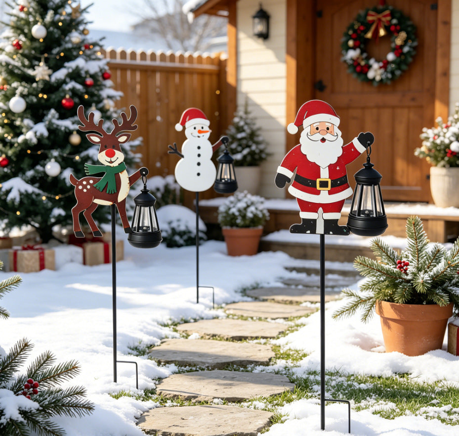 Luminous Winter Friends – Flat Metal Christmas Stake with Glowing Solar Lantern (32" Tall)