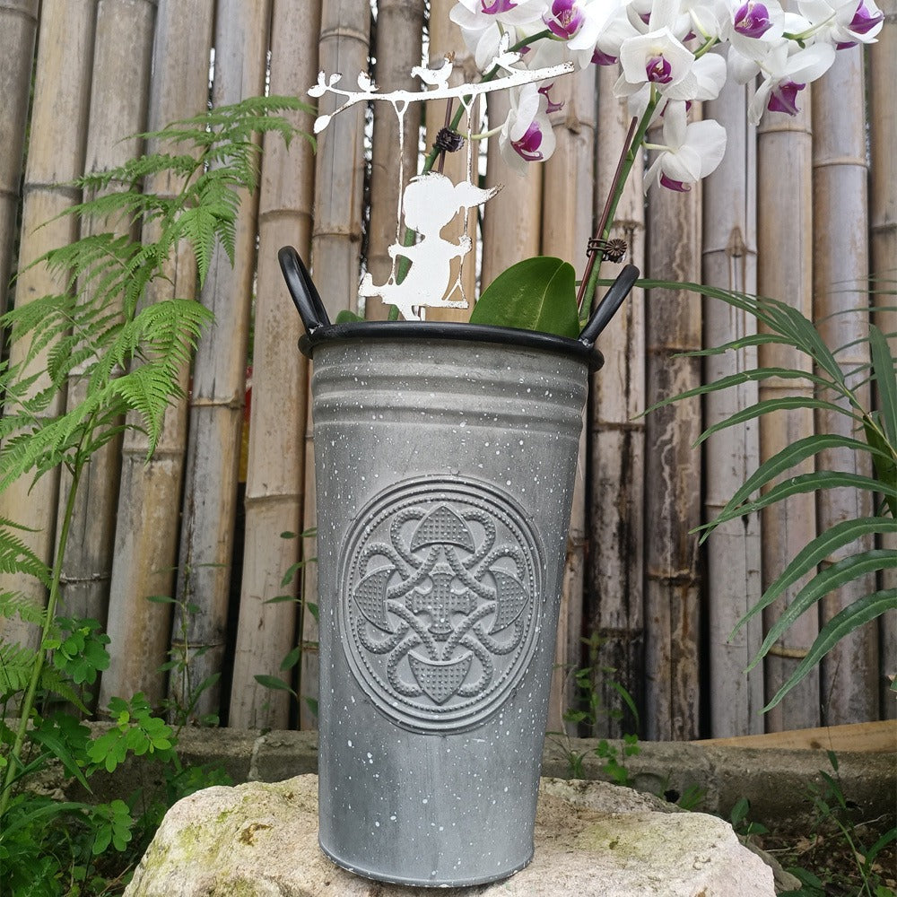 Vintage French Country Metal Planter Bucket with Double Handles