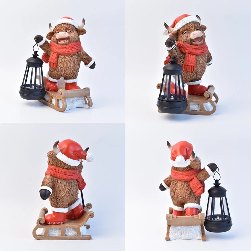Cow solar lantern statue shown from multiple angles with red scarf and lantern handle