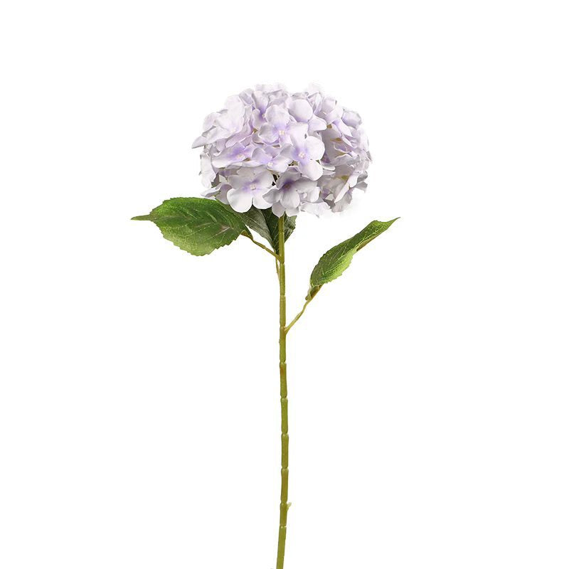 Faux hydrangea flower stem with light purple blooms and green leaves