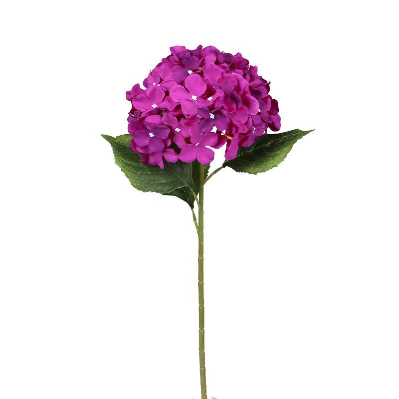 Faux hydrangea flower stem with purple blooms and green leaves