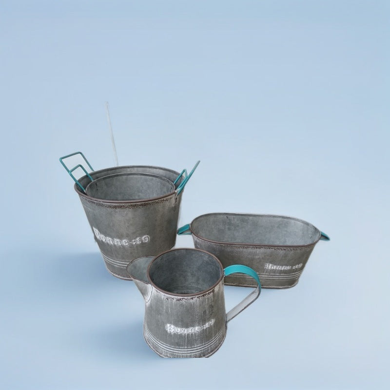 Vintage French Country Galvanized Planter – Distressed "Bonne" Metal Pot with Blue Handles (4 Styles)