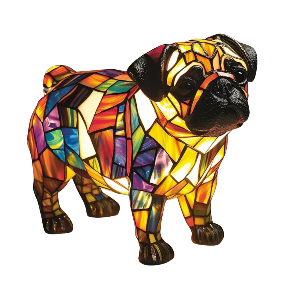 Resin LED animal garden light, mosaic pug figurine in multicolor stained-glass style