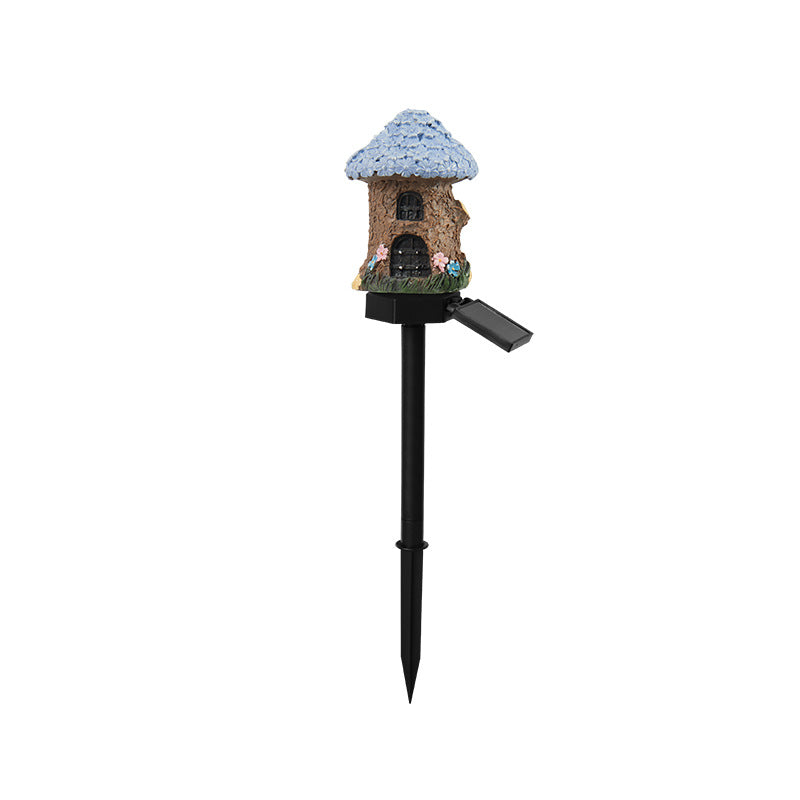 Solar fairy house garden stake with light blue roof and small porch
