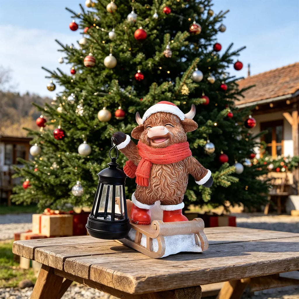 Hand-painted cow rocking sleigh solar lantern statue with red scarf and warm glowing light