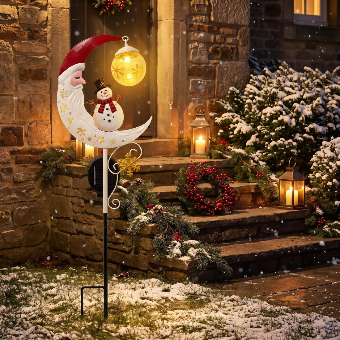 Luminous Winter Moon – Solar Metal Christmas Pathway Stake with Glowing Glass Orb (7 Styles)