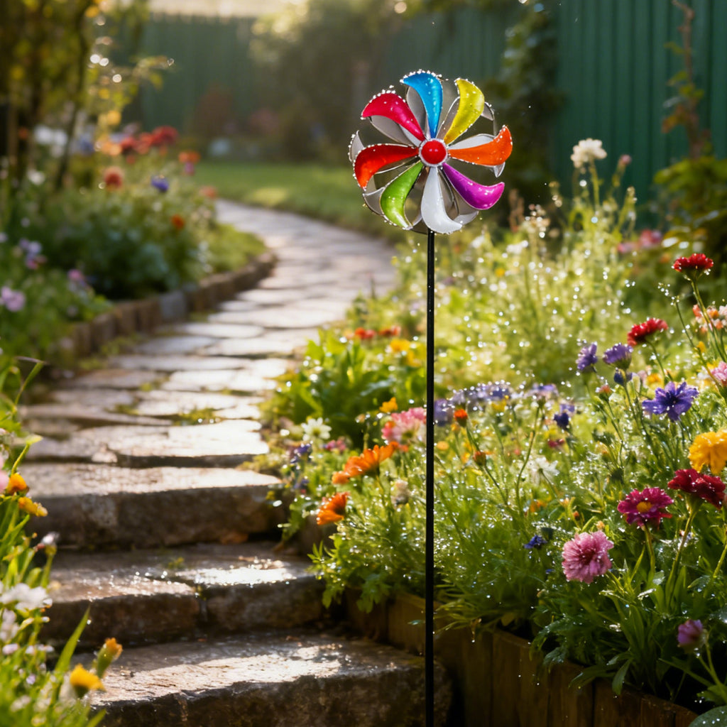 Kinetic Rainbow Wind Spinner – Colorful Metal Windmill Garden Stake (42.5" Tall)