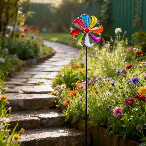 Kinetic Rainbow Wind Spinner – Colorful Metal Windmill Garden Stake (42.5" Tall)