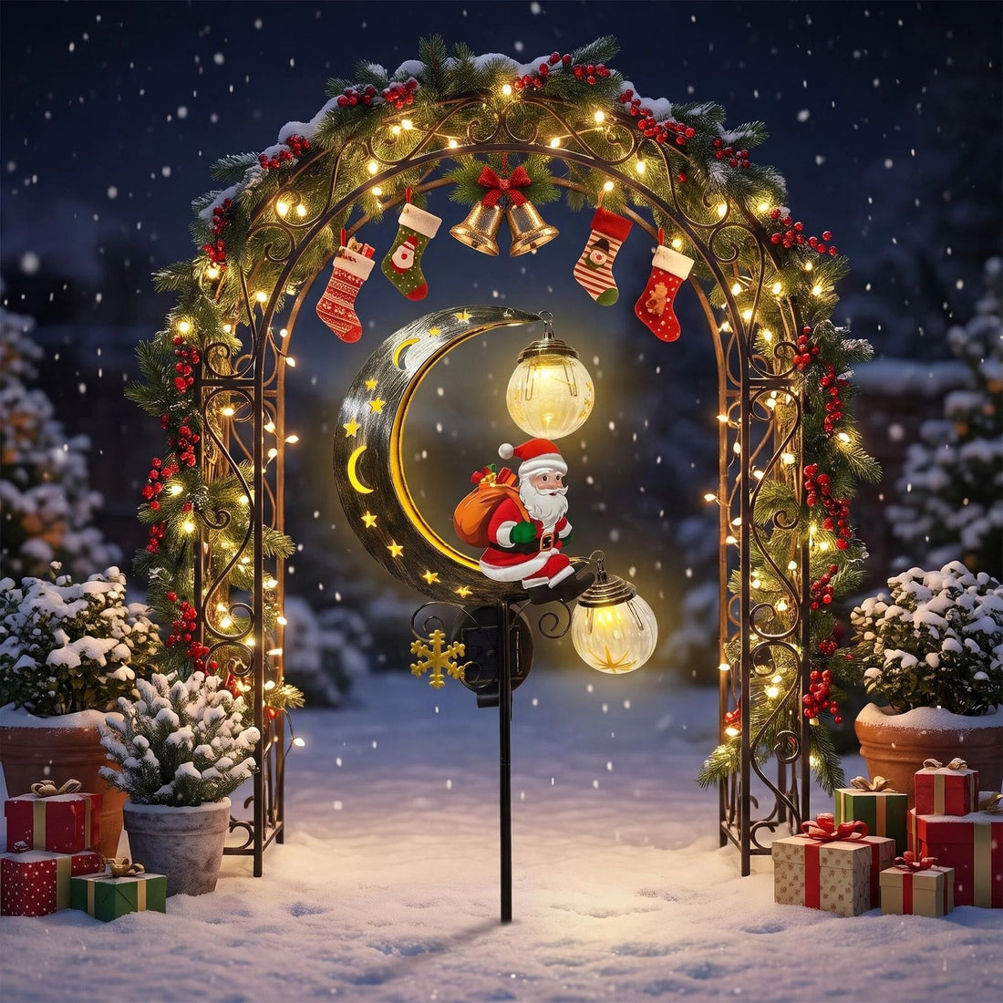 Luminous Winter Moon – Solar Metal Christmas Pathway Stake with Glowing Glass Orb (7 Styles)