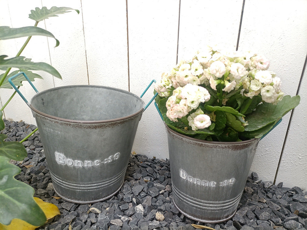 Vintage French Country Galvanized Planter – Distressed "Bonne" Metal Pot with Blue Handles (4 Styles)