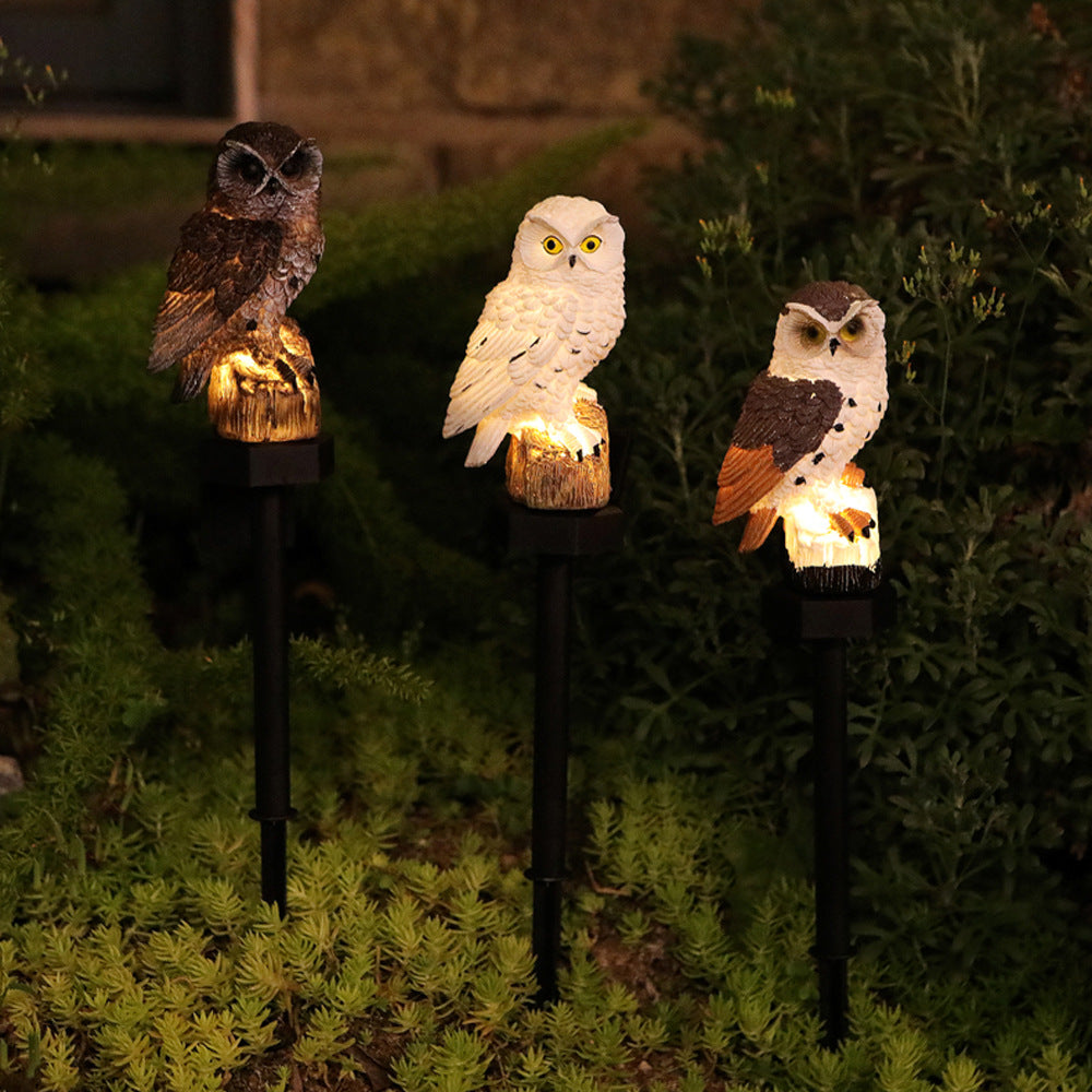 Set of 3 hand-painted owl solar garden stake lights with glowing bases, mixed colors