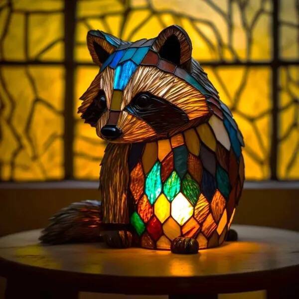 LED resin raccoon garden light with multicolor glowing stained-glass details