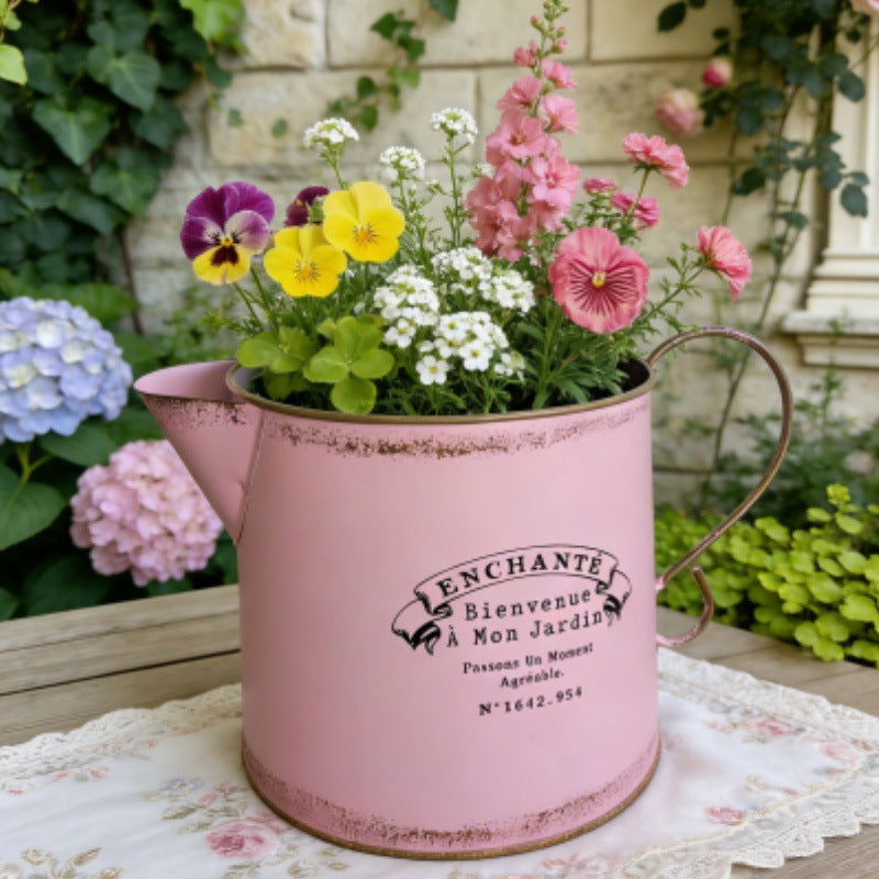 Vintage French Country Metal Planter Set of 4 – Rustic "Enchanté" Collection
