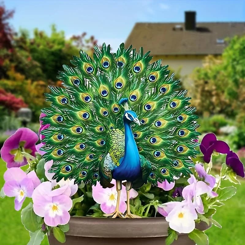 Green and blue peacock 2D flat garden stake with black pointed base, set of two
