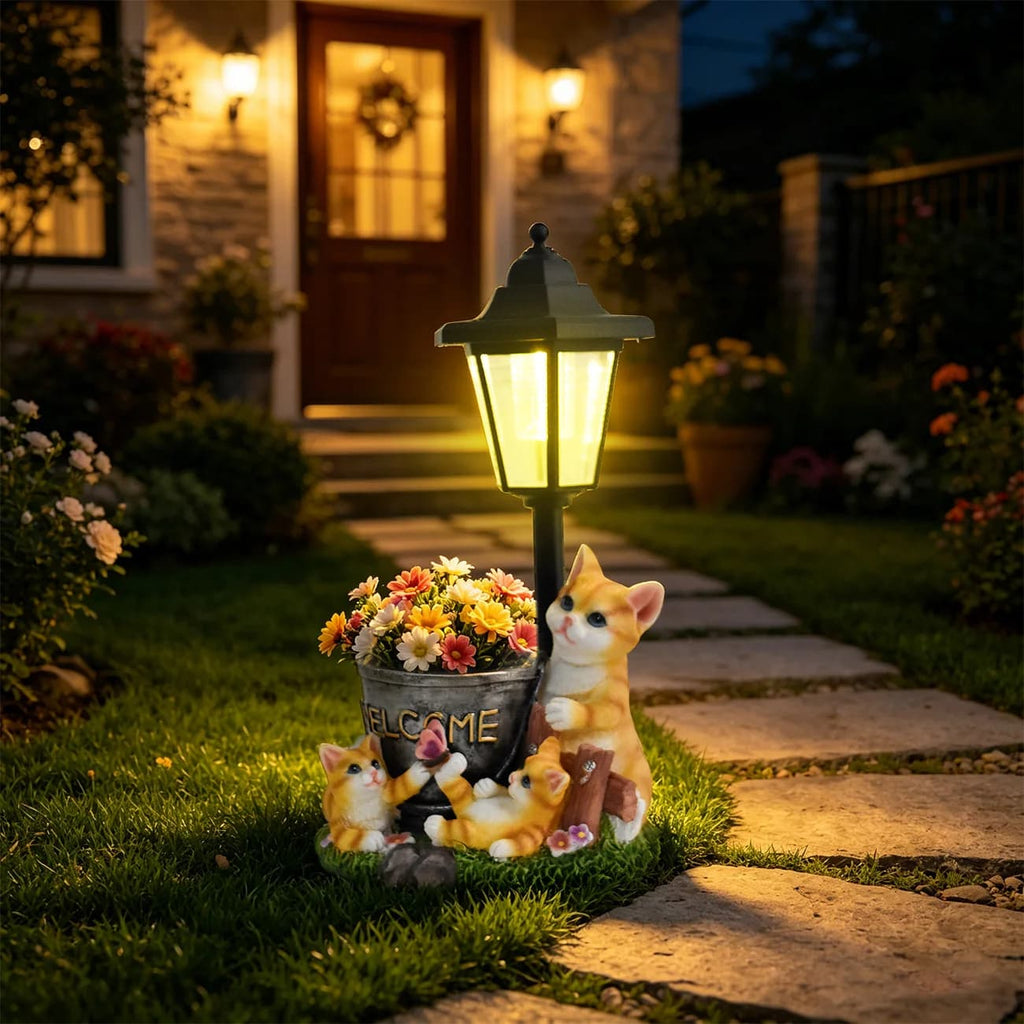 Luminous Solar Cat Garden Guardian – Hand-Painted Resin Planter Statue with Glowing Lantern (3 Styles)