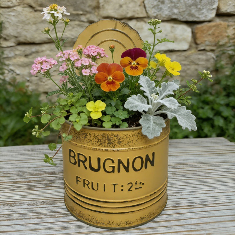Vintage French Fruit Tin Can Planter Set (Set of 2) – Rustic Metal Garden Pots