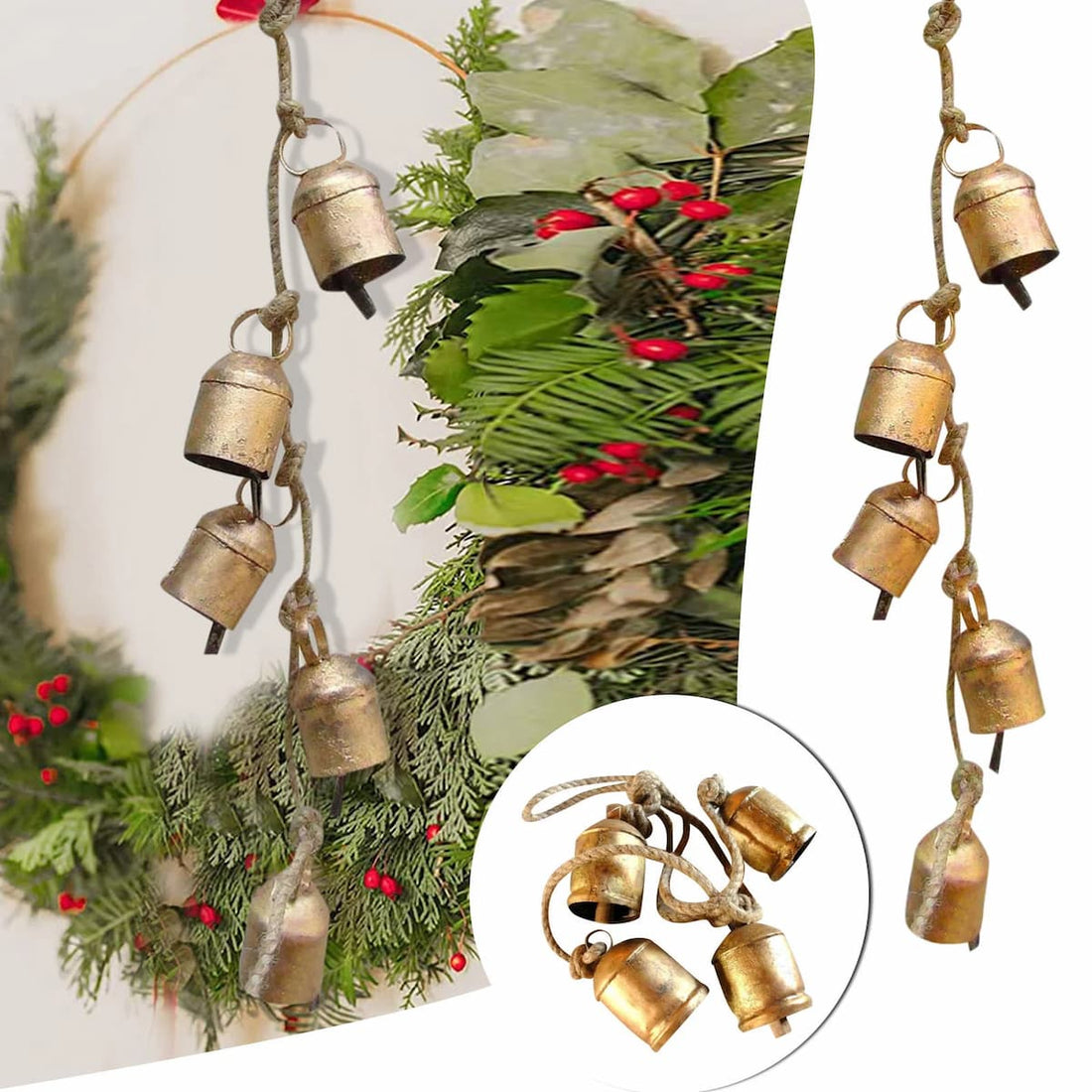 Kaskaderende vintage metal-koklokker med rebløffer, bronze-guld finish, flere klokker