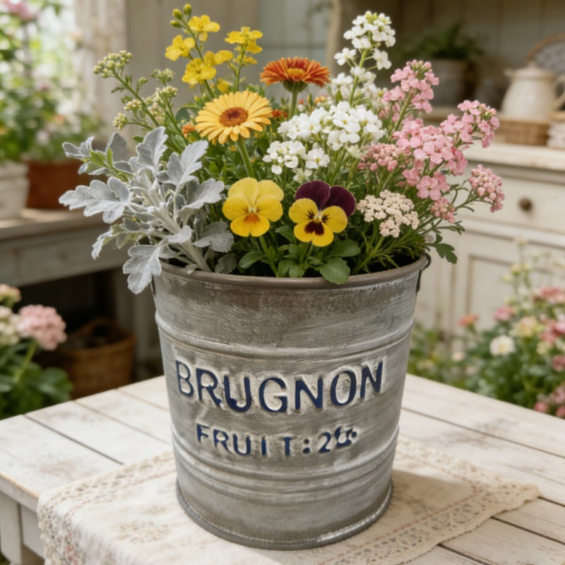 Vintage French Country "Brugnon Fruit" Metal Planters (Set of 2)