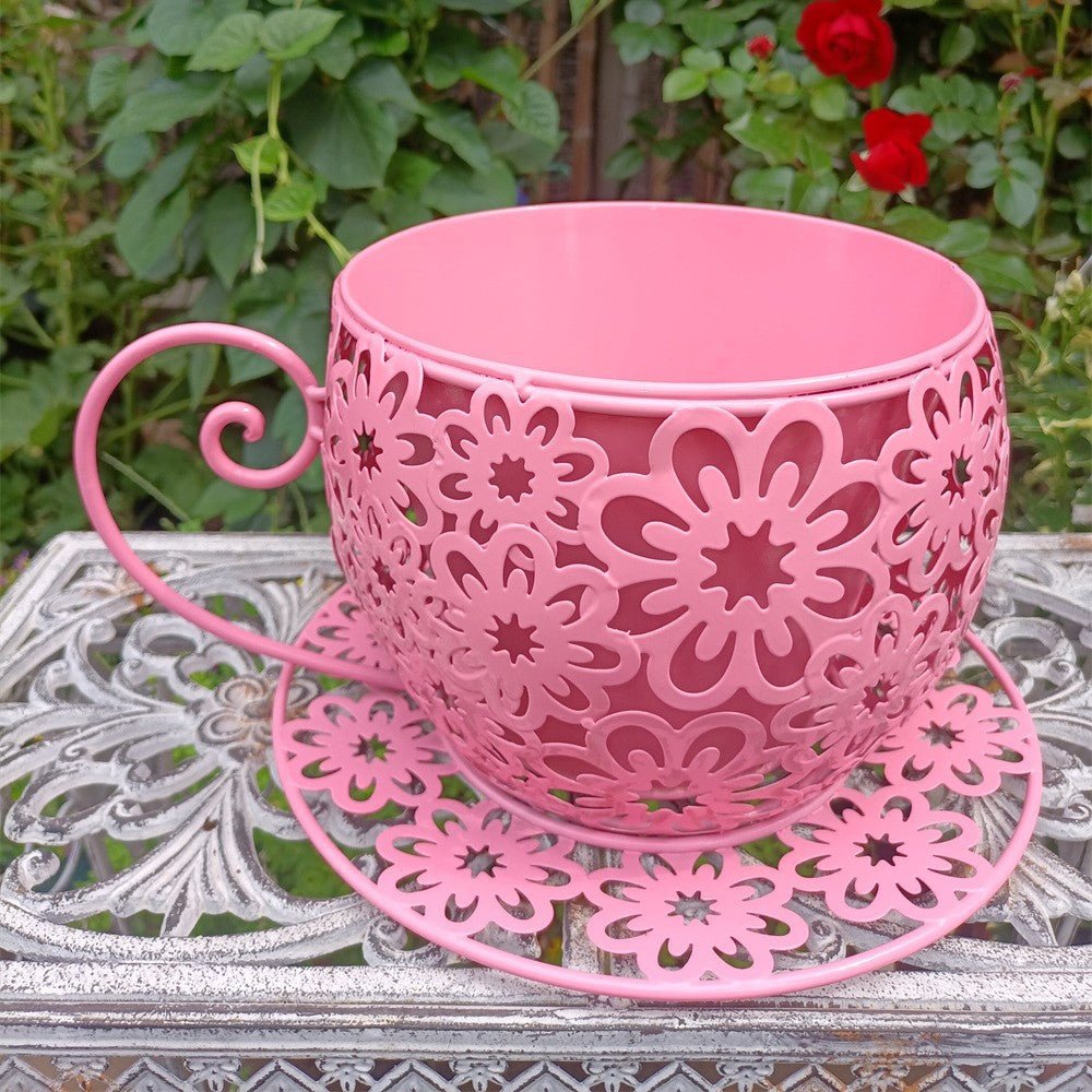 Vintage Floral Cutout Metal Teacup Planter – Rustic Iron Cachepot with Saucer Base & Scrolled Handle (11" Wide) - The Curated Shop