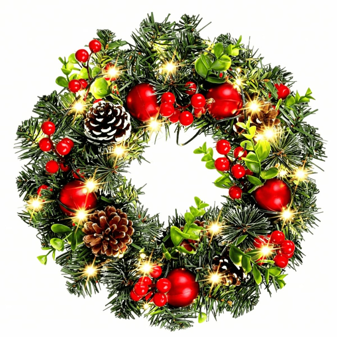 Pre-lit pine wreath with red berries, pinecones, green leaves, and warm white LEDs