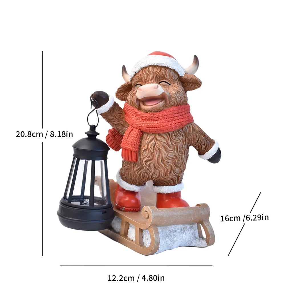 Hand-painted cow rocking sleigh solar lantern statue with size diagram and glowing lantern