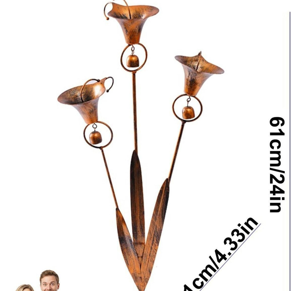 Copper-tone triple bellflower garden stake with measurement labels and hanging bead ornaments