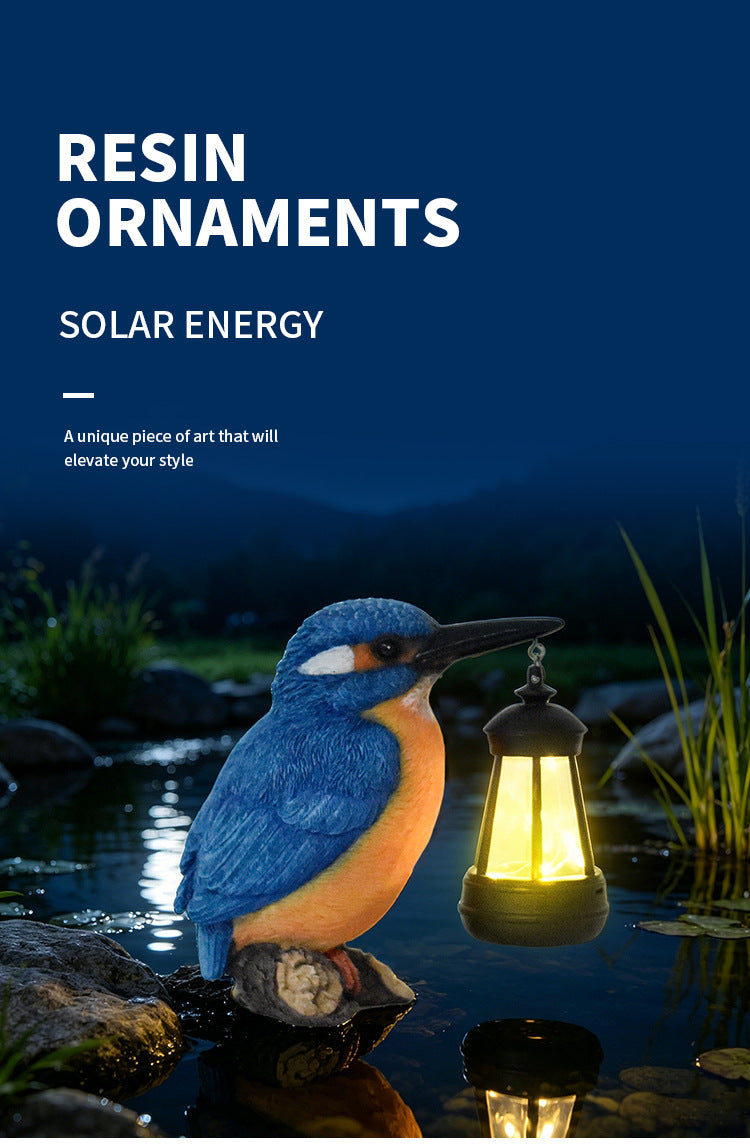Luminous Kingfisher Solar Lantern Statue – Hand-Painted Resin Garden Bird Sculpture (7" Tall)