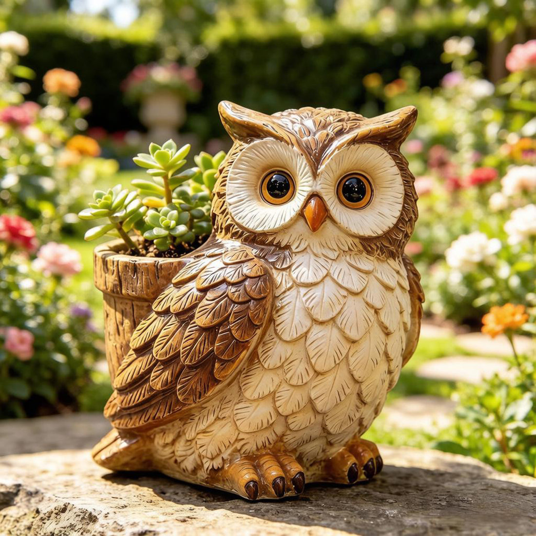 Lifelike Woodland Owl Planter – Hand-Painted Resin Succulent Pot & Garden Statue (3.9" Tall)