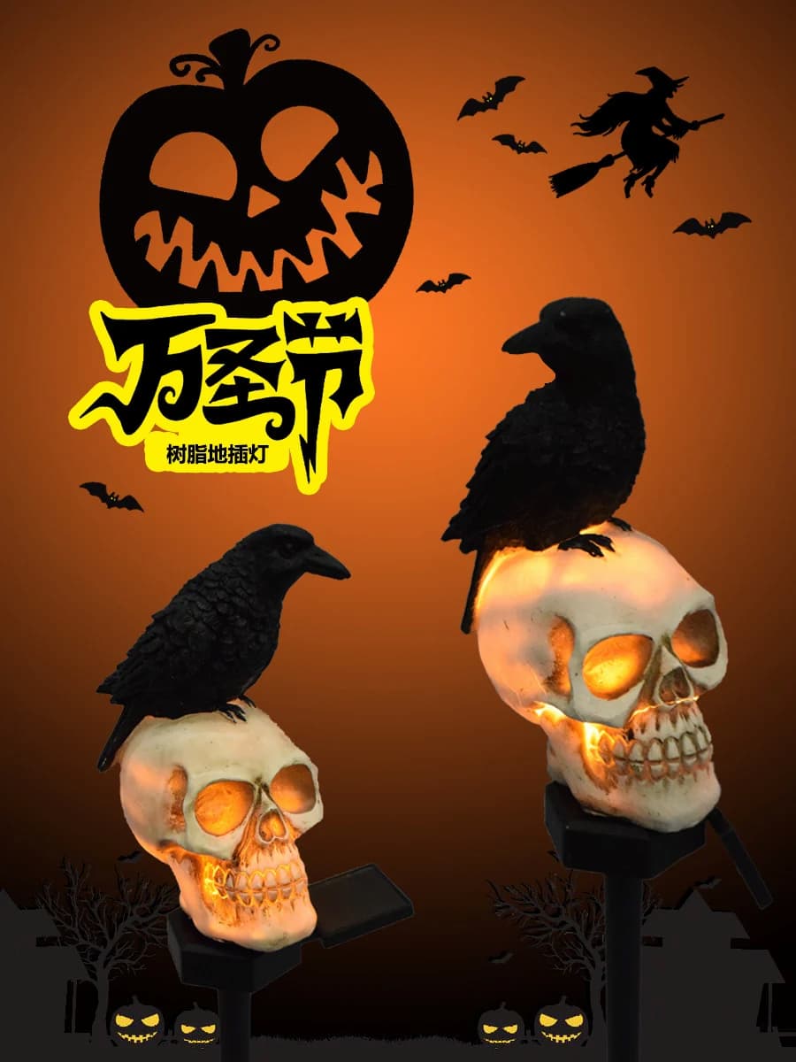 2-pack solcellsdrivna Halloween-gångbelysningar med lysande dödskalleansikten och korp-/kråkkråkdekorationer